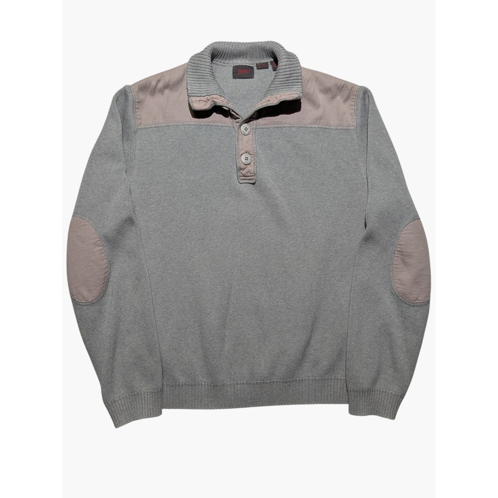 Esprit Gray Knit‎ Mock Neck Sweater L 4 Button Placket Elbow Patches Pullover